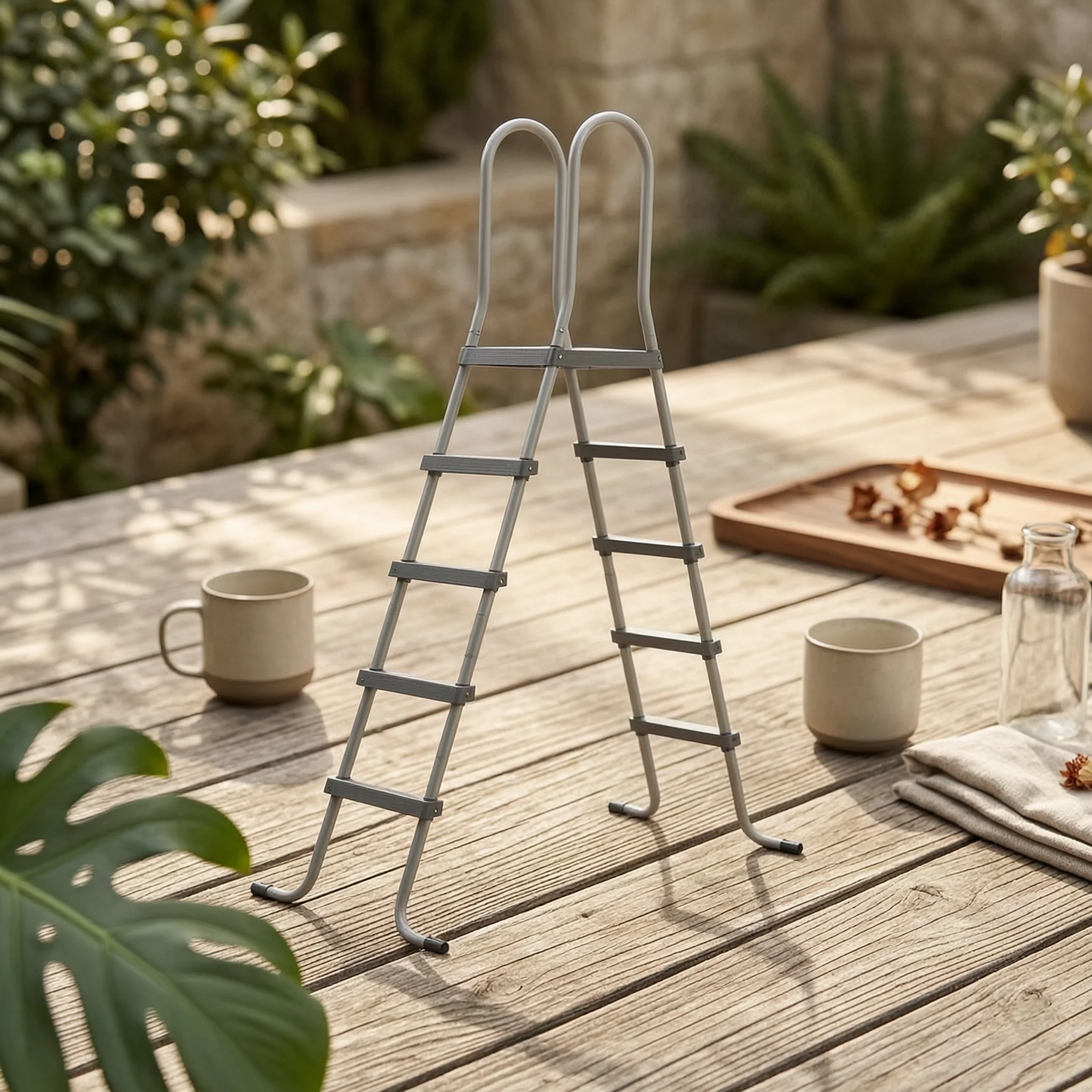 Cylindrical Frame Pool Ladder Curved Above Ground Swimming Ladder Pool Stairs with Deck Platform Easy Installation Stable