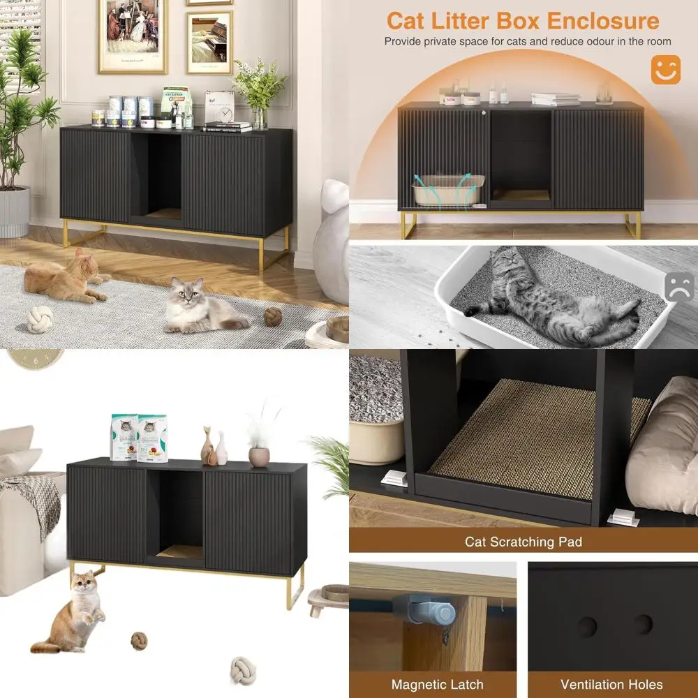 

Компактный двойной шкаф для мусора с подставкой для двух кошек, гладкий черный дизайн для сдержанного использования