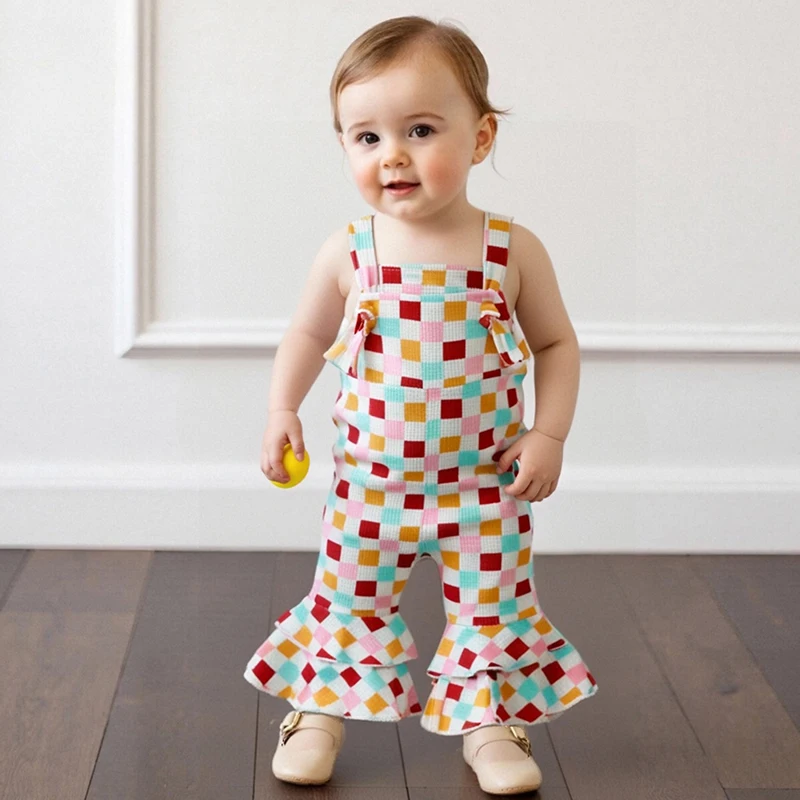 Mono general a cuadros para niñas, elegante traje de pantalones acampanados de verano para uso informal diario