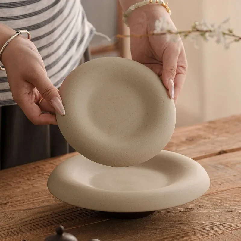 Coarse Pottery Solid Wood High-footed Snack Plate Fruit Salad Dessert Plate Household Multi-functional Key Jewelry Storage Tray