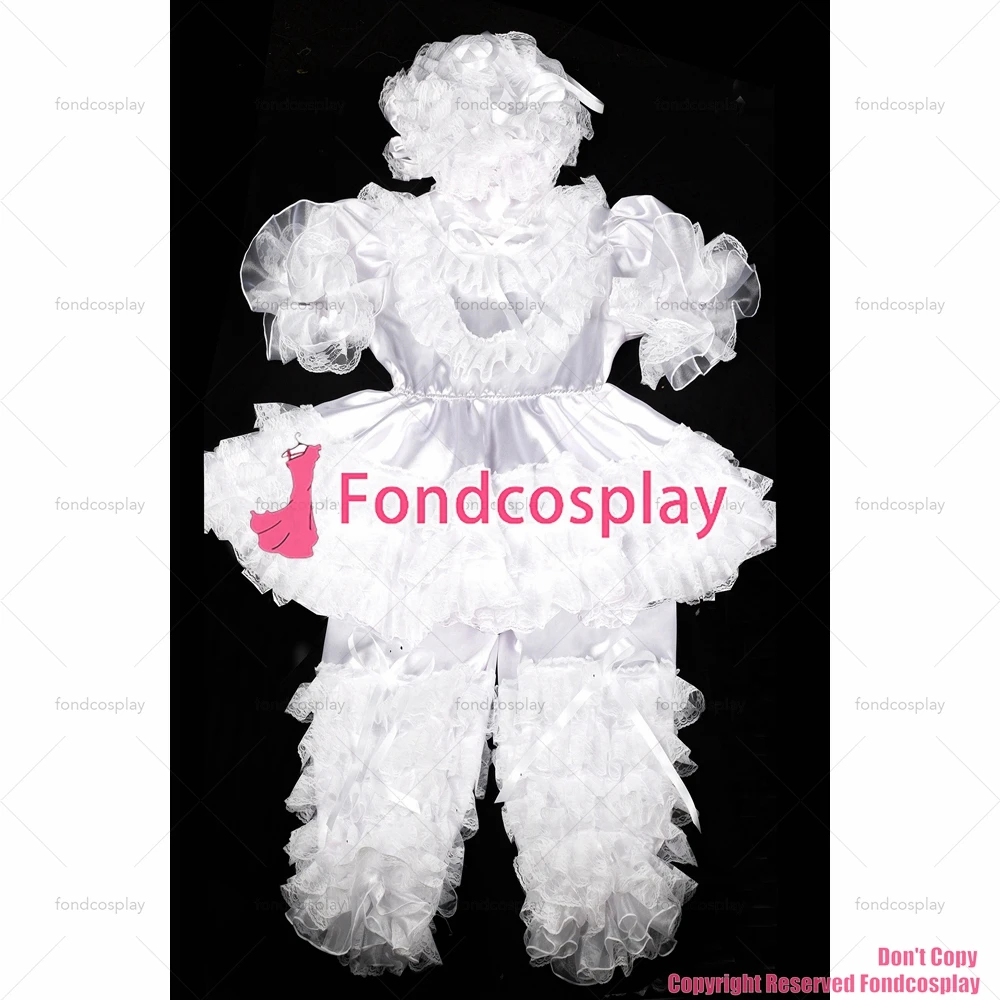 fondcosplay adult sexy cross dressing sissy maid baby white satin organza Jumpsuit Romper Suit lockable Uniform hood[G2400]