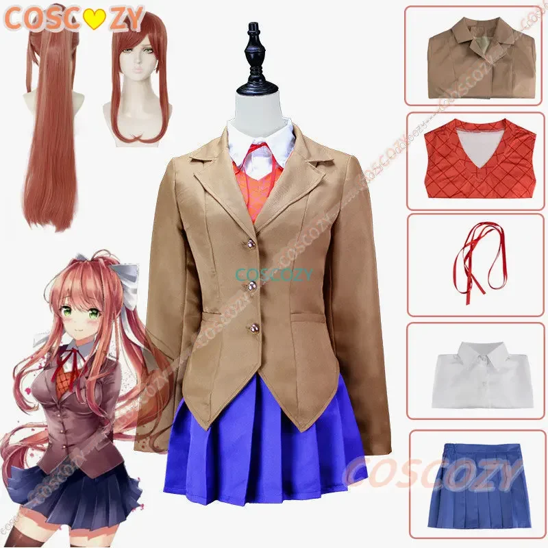 

Anime Doki Doki Literature Club Monika Cosplay Sayori Yuri Natsuki Cosplay Costume School Girl Women Brown Uniform Skirt Suit