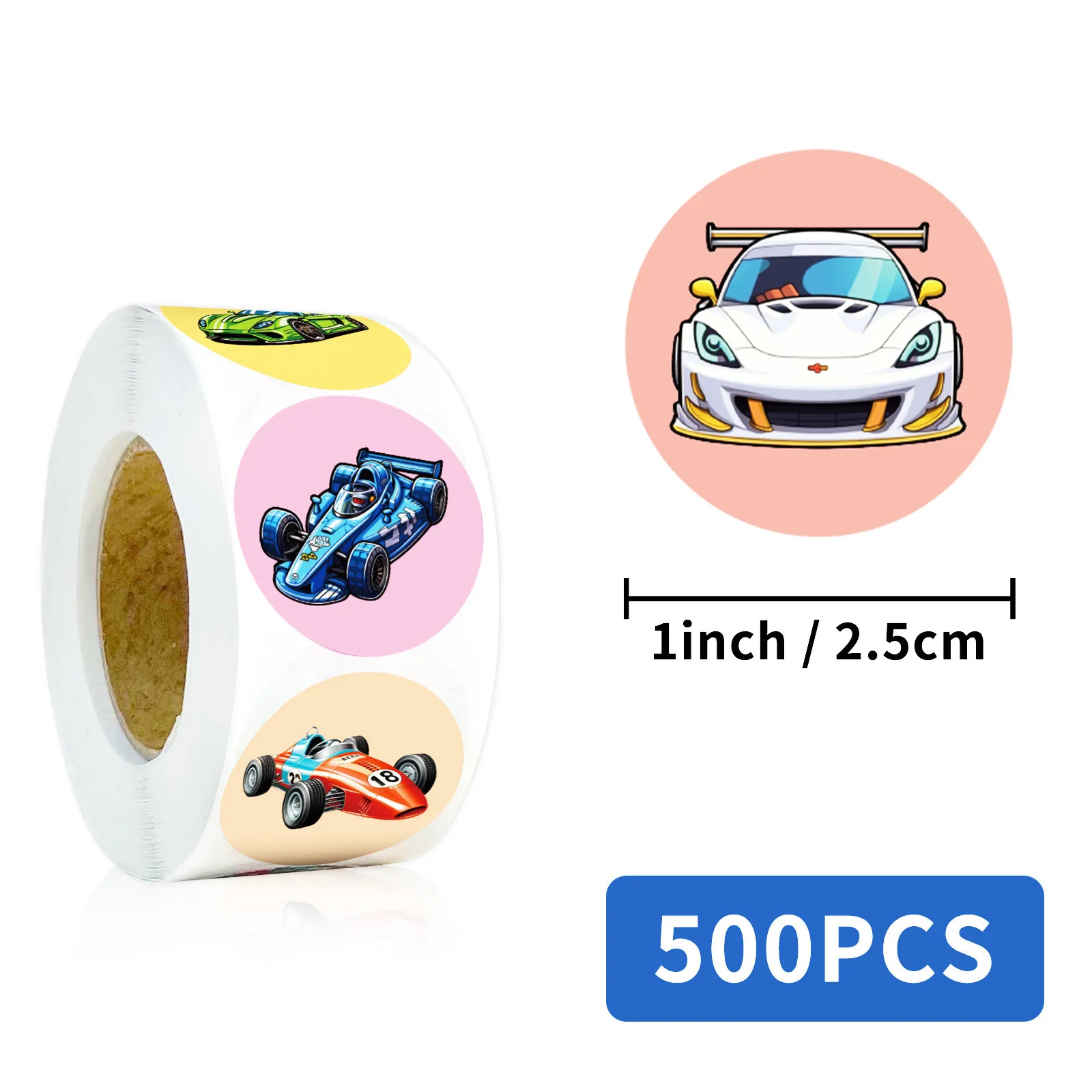 100-500PCS 2.5cm Race Car Stickers Roll, Cute Cartoon Car Decals for Kids Birthday Party, Scrapbooking and DIY Crafts