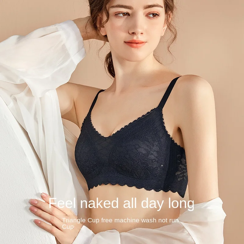 Top High Quality Lace Ladies Underwear Sexy and Comfortable No Steel Rings Fixed Cups Gathered Small Large Size Bra Thin Section