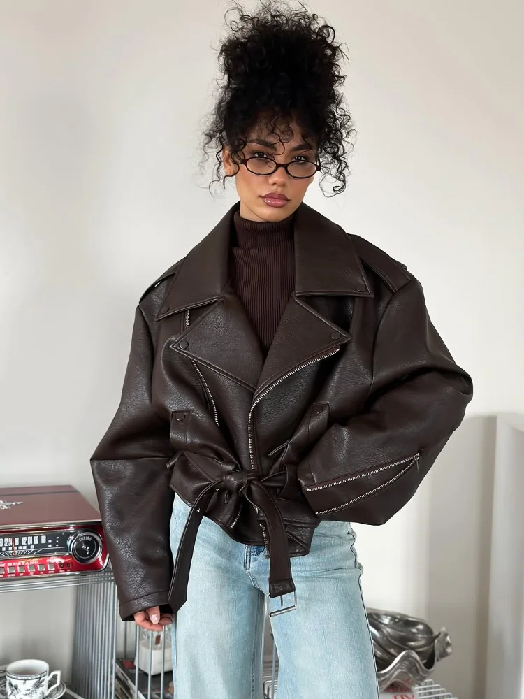Casual Brown Leather Lace Up Short Jacket Women Long Sleeve Zipper Lapel Loose Button Coat Lady Daily High Street Outerwear 2026