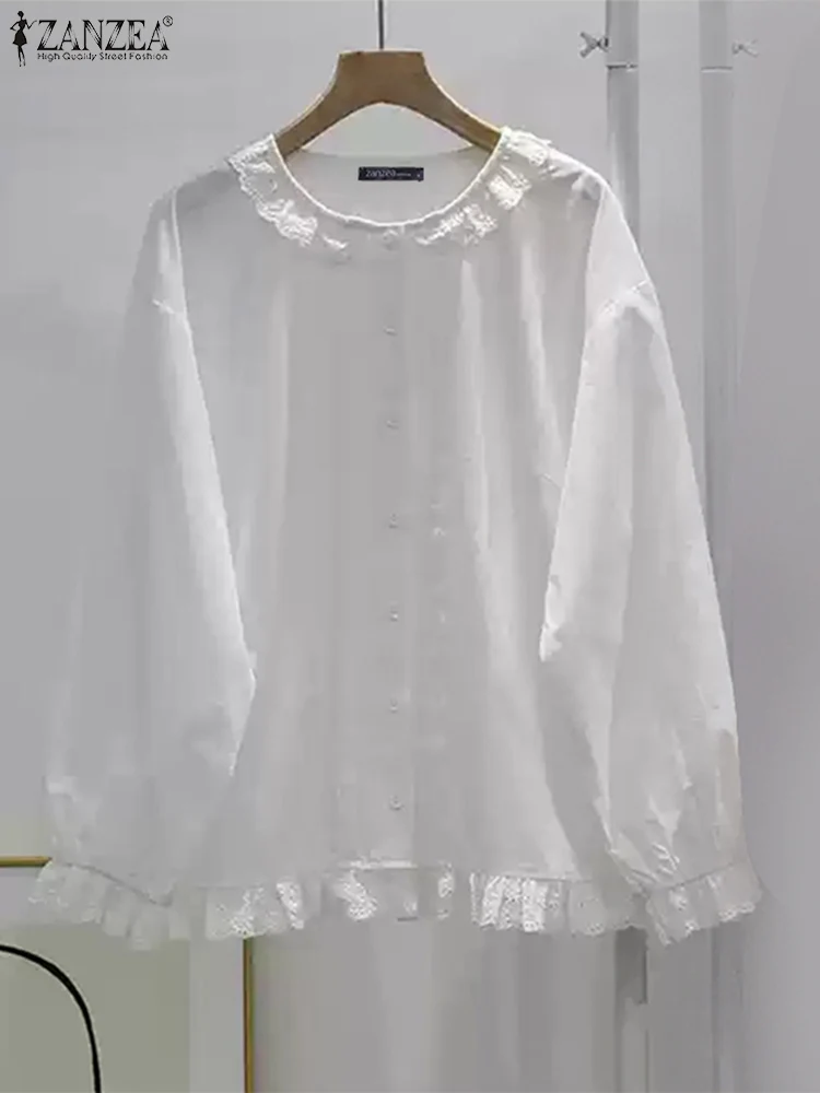 ZANZEA Elegant Pleated-bib Blouses Lace Trim Solid Autumn 2024 Long Sleeve Blusas Peter-pan Collar Drop-shoulder Women Shirts