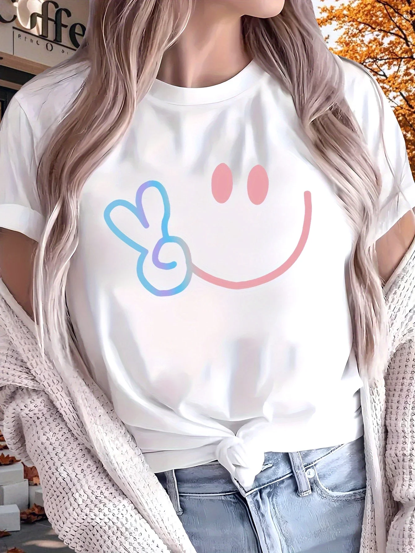 Cute and Happy Face Creative Pattern Printed Summer Women's Top Short Sleeve Round Neck Tee Women's Summer Casual Clothing