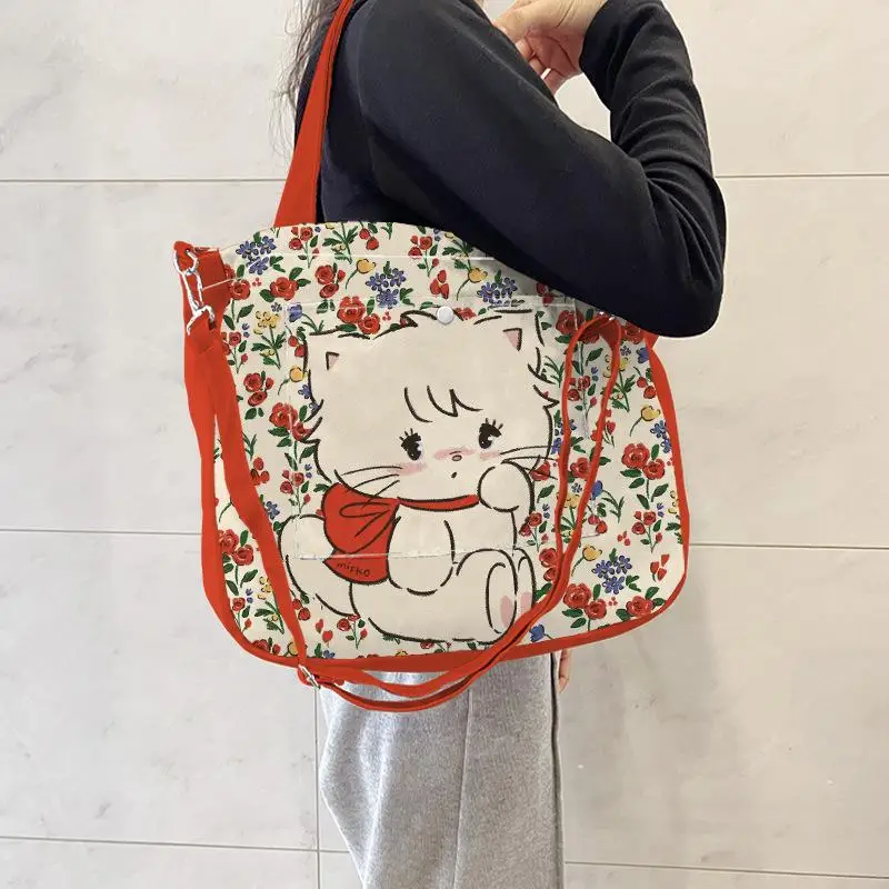 

MINISO Mikko Canvas Bag Kawaii Large Capacity Single Shoulder Crossbody Dual Purpose Bag Cute Graffiti Printing Casual Tote Bag