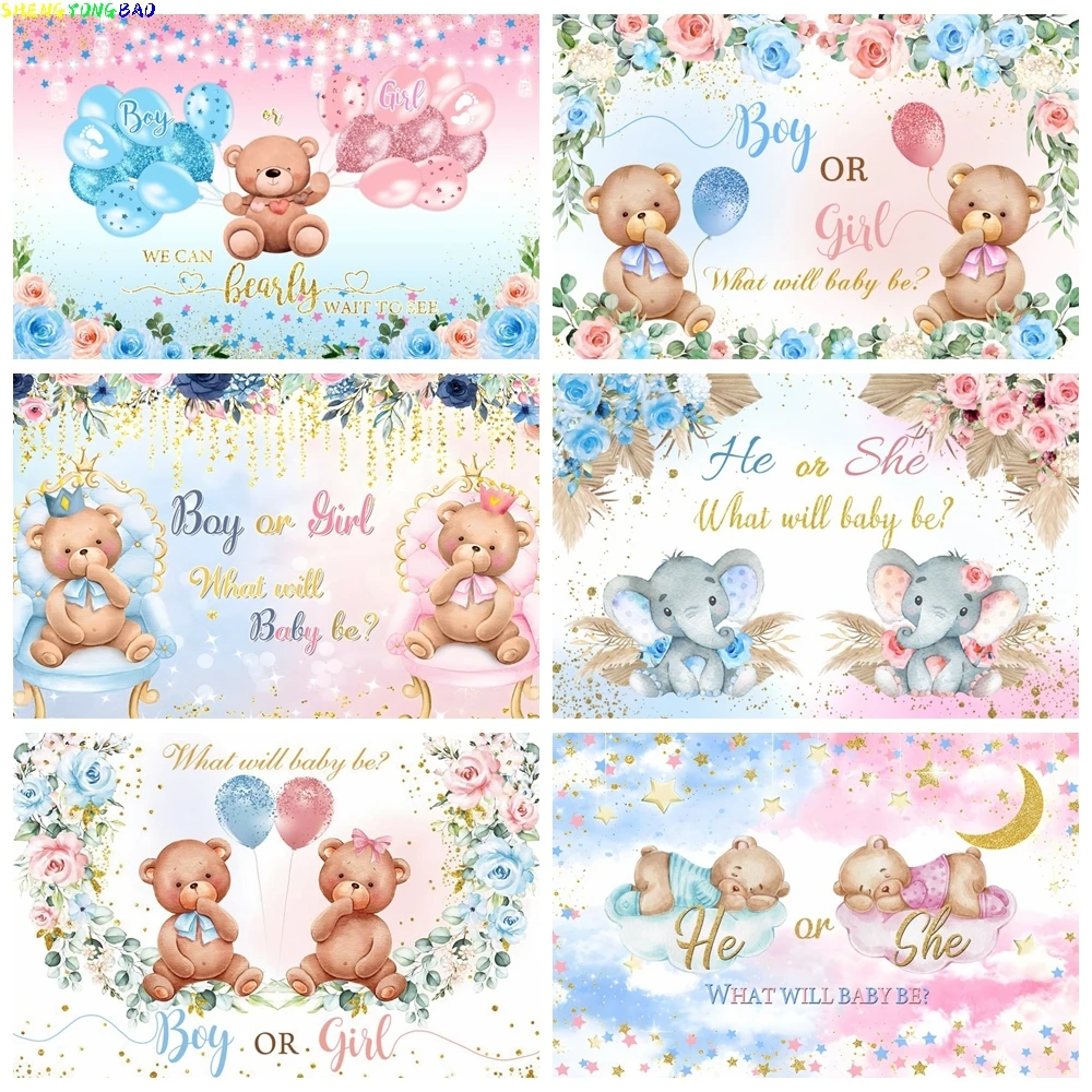 Geschlecht offenbaren Hintergrund Junge oder Mädchen er oder sie Babyparty Fotografie Hintergrund blau oder rosa Elefant Bär Ballon Banner Requisiten