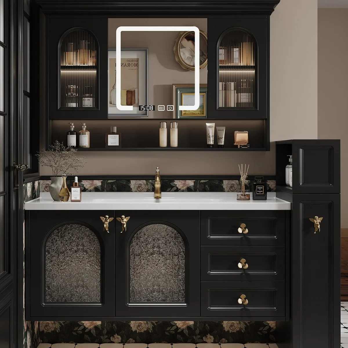 French retro bathroom half wall rubber wood bathroom cabinet combination side pull basket storage ceramic integrated washstand