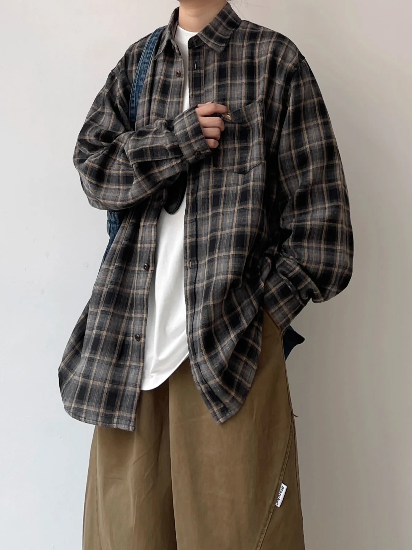 

Joyzone Retro Japanese Sle Plaid Long Sve irt Autumn Winter New Arrival Casual Loose Fit Cotton Youth Faion Outerwear