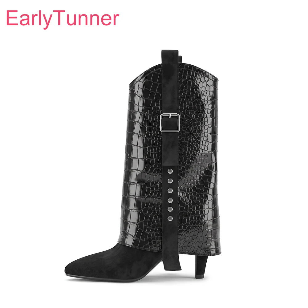 2026 Winter Mature Women Mid Calf Boots Pointed Toe High Thin Heels Lady Party Shoes Large Plus Size 12 44 48 Non-slip