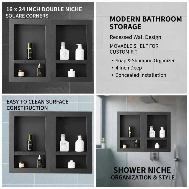 Recessed Wall Storage 16x24 + 16x24 Inch For Bathroom Shower Restroom, Movable Shelf Modern Soap Shampoo Organizer Square Corners Sealed Black Insert Units - view 4