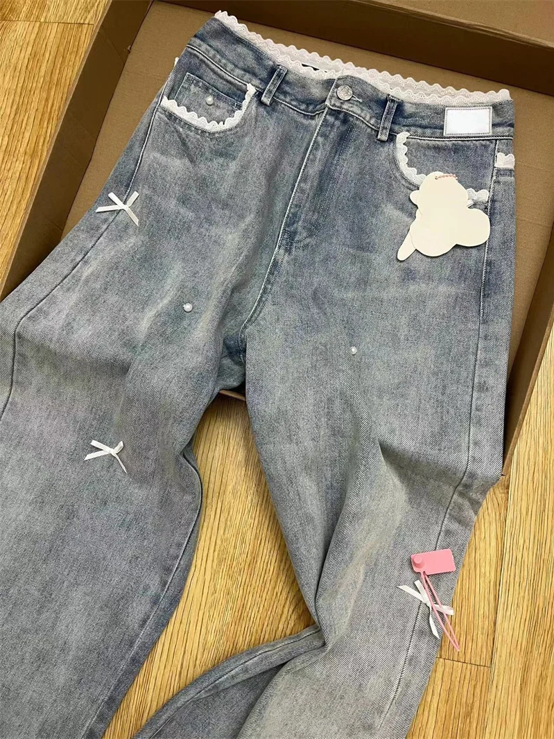 

Sweet Ruffle Waist Design Straight Leg Denim Pants Women's Small Size Drapey Loose Long Trousers Korean Style High Waist Wide...
