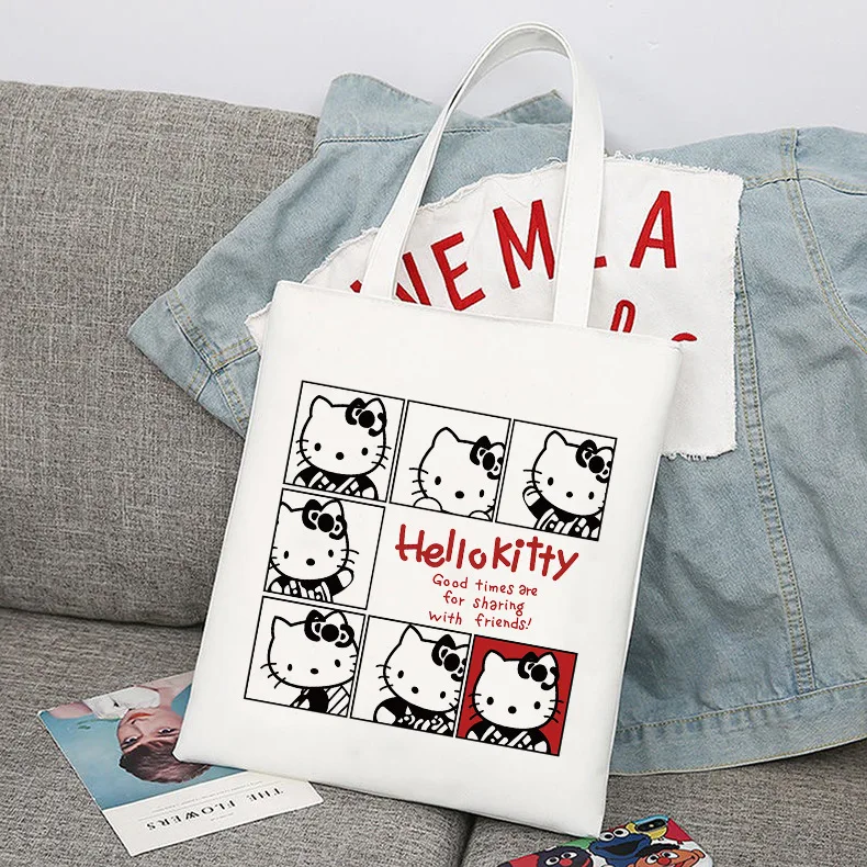 Sanrio Hello Kitty torebki damskie na ramię na co dzień duża pojemność Shopper płótno list moda bluza na zamek Harajuku torebka Tote Bag