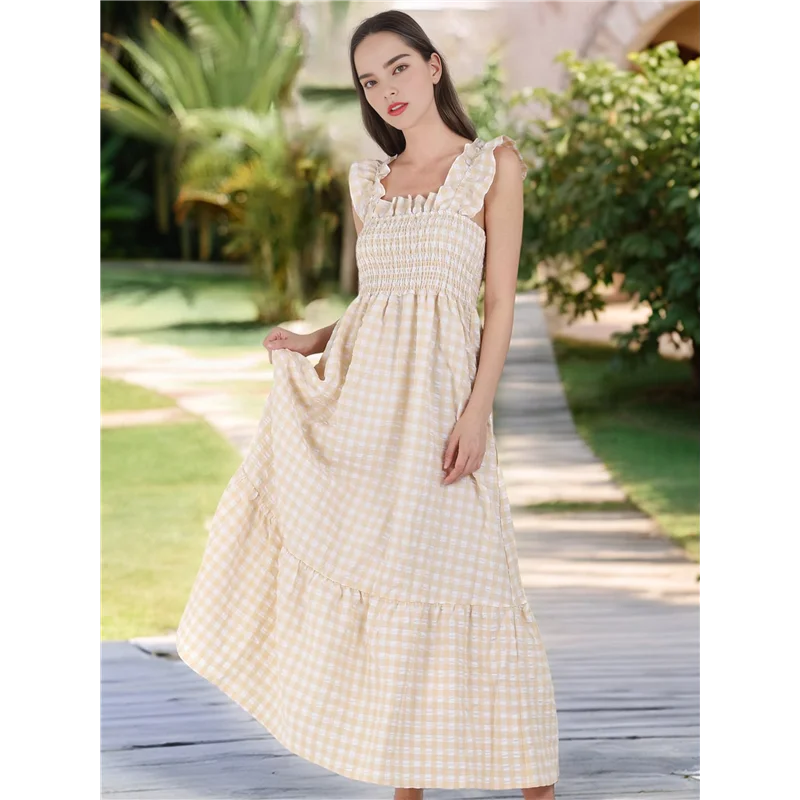 ABP-Vestido largo retro a cuadros para mujer, vestido largo con volantes y tirantes finos