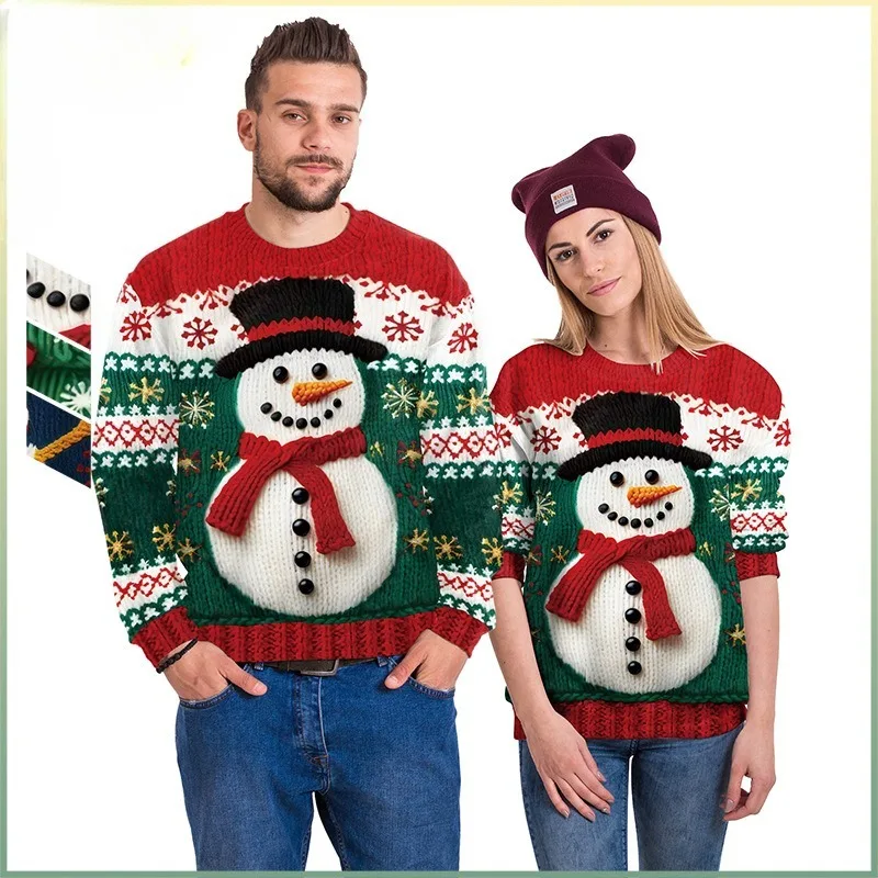 

Snowman Printed Round-neck Sweatshirt Christmas Couple Costume Red Sweater Top Xmas Homewear for Women Men Adults