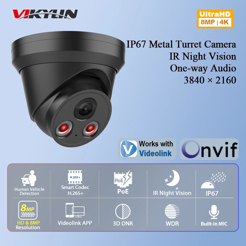 

Vikylin Hikvision Compatible 4K 8MP IR Night Vision Turret IP Camera with MIC MD2.0 Smart Home Video Surveillance CCTV Camera