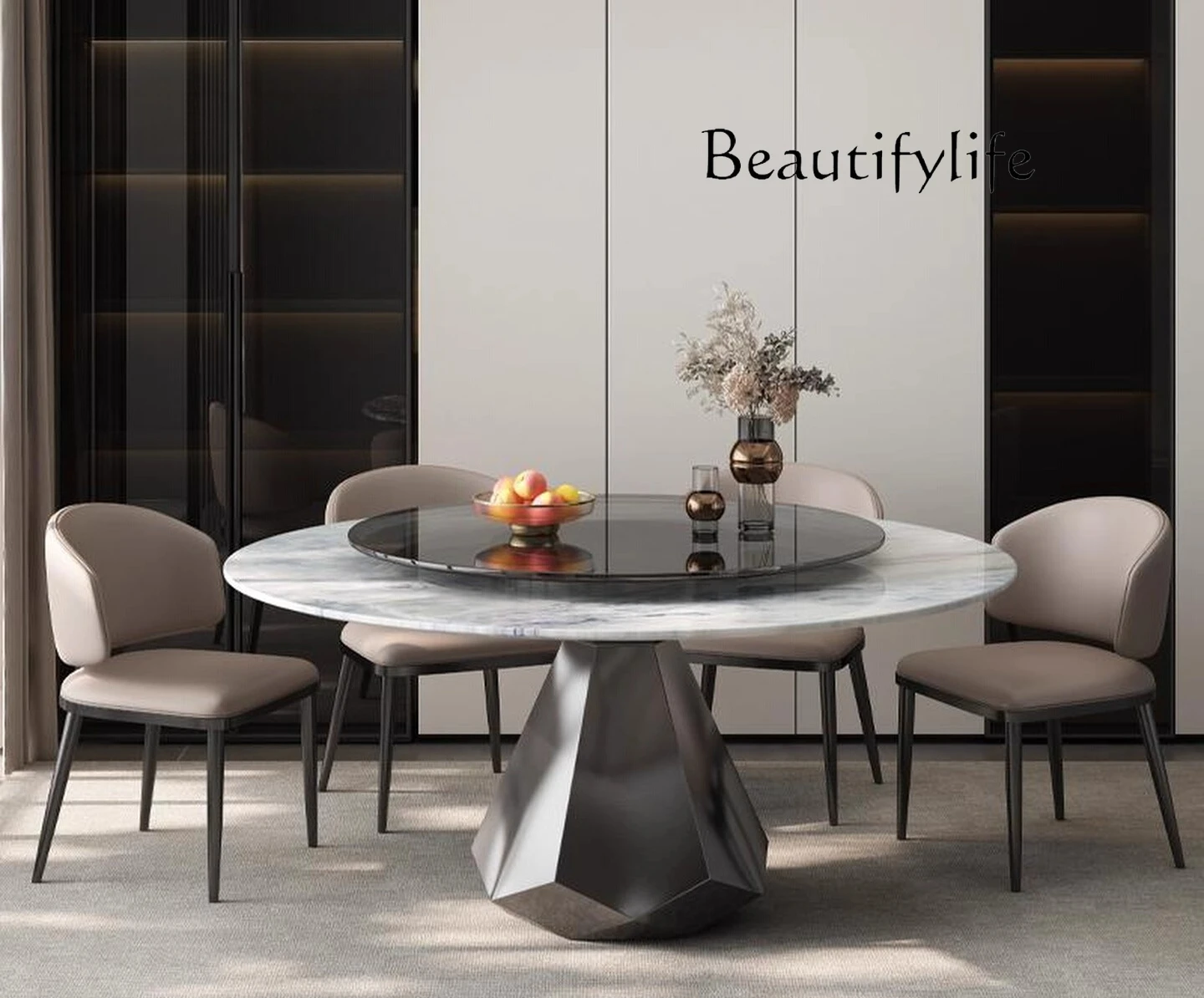 Marble round dining table large apartment living room Italian modern simple turntable restaurant home fashion
