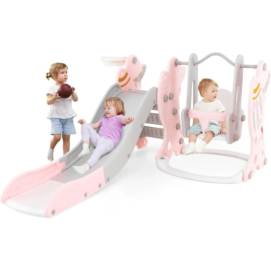 

4 in 1 Toddler Slide and Swing Set Indoor Outdoor Rocket Playset Gym with Baby Swing Basketball Hoop Ball Climber Playground