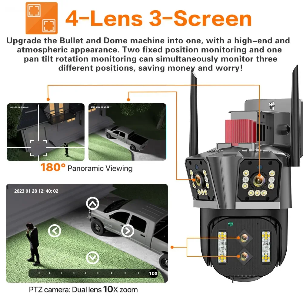 Four lenses Three-Screen 8K IP Camera 10X Zoom Outdoor 4K 8MP PTZ WiFi Camera Auto Tracking Security Protection CCTV Camera