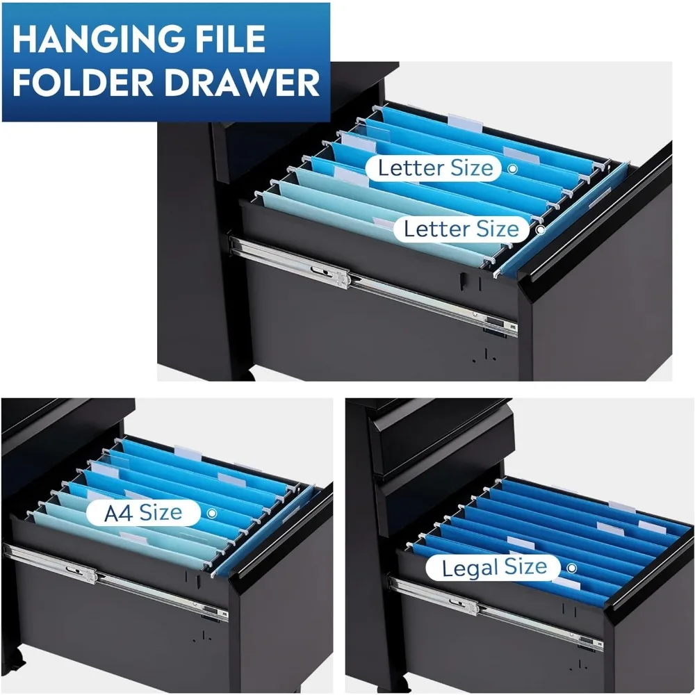 3 drawer mobile file cabinet, under the office desk, fully assembled except for casters, letter/legal size black