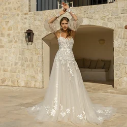 Vestido de novia de encaje con apliques florales para mujer, traje de corte acampanado con tirantes finos y manga abullonada extraíble