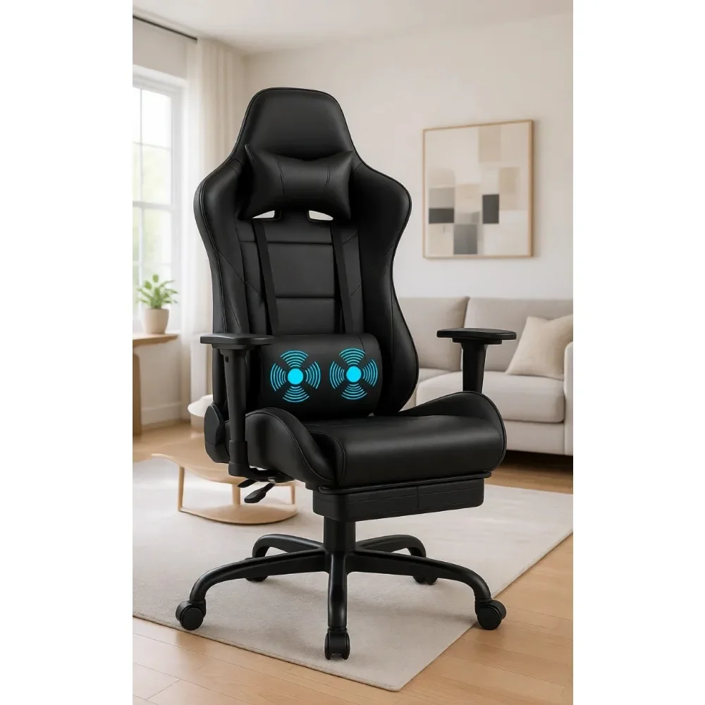 Gaming Chair with Footrest Massage Lumbar Support Height Adjustable Headrest Swivel Seat Black