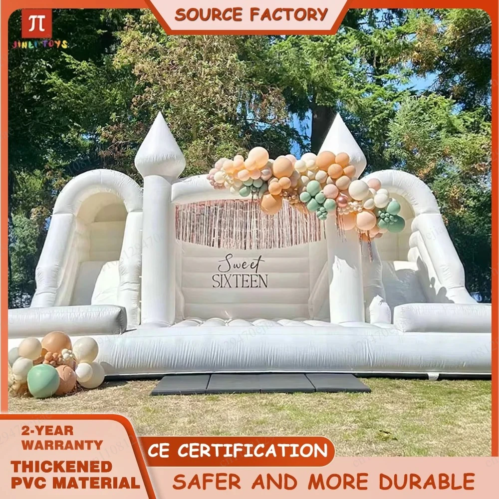 White PVC Inflatable Bounce House | Dual Lane Slide Jumping Castle | Outdoor Wedding & Kids Birthday Party Equipment
