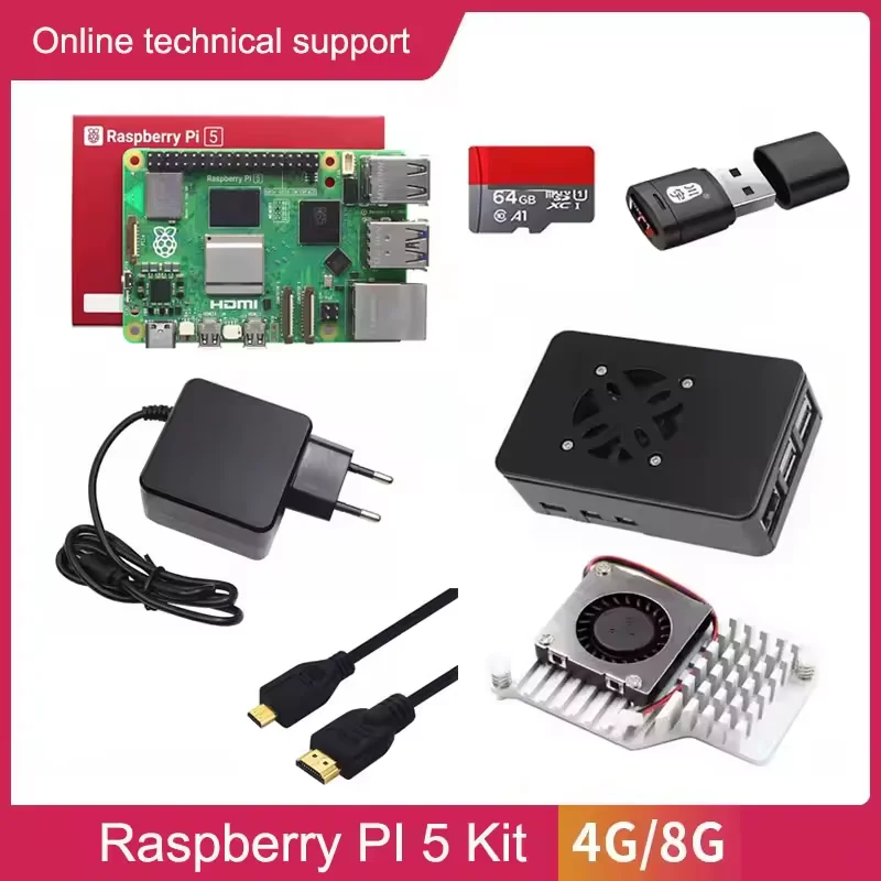 Raspberry Pi 5 4GB 8GB Kit de démarrage de carte de développement PI 5B Kit éducatif avec carte 64GB, alimentation, câble HD-MI, radiateur, lecteur