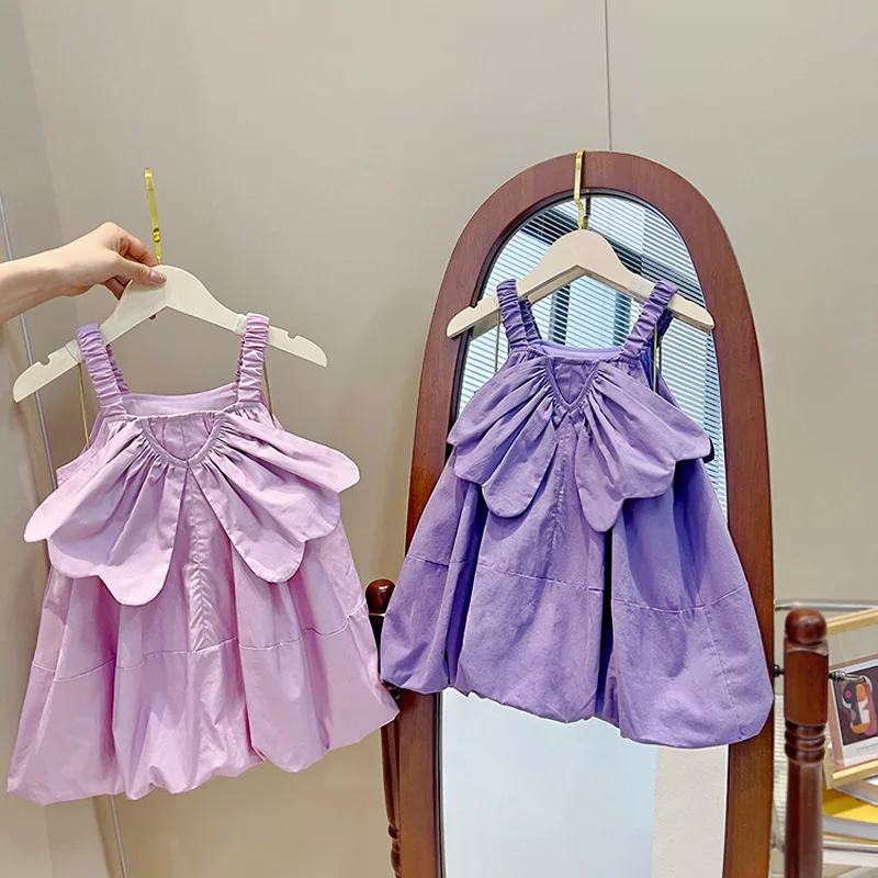 2024Year Cute Wings Girl's Strap Skirt Western Style Summer Children Solid Color Princess Dress Generation Hair