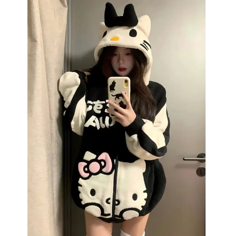 Chaqueta con capucha de manga larga con estampado de Hello Kitty para mujer, abrigo versátil de terciopelo con bordado de dibujos animados, otoño