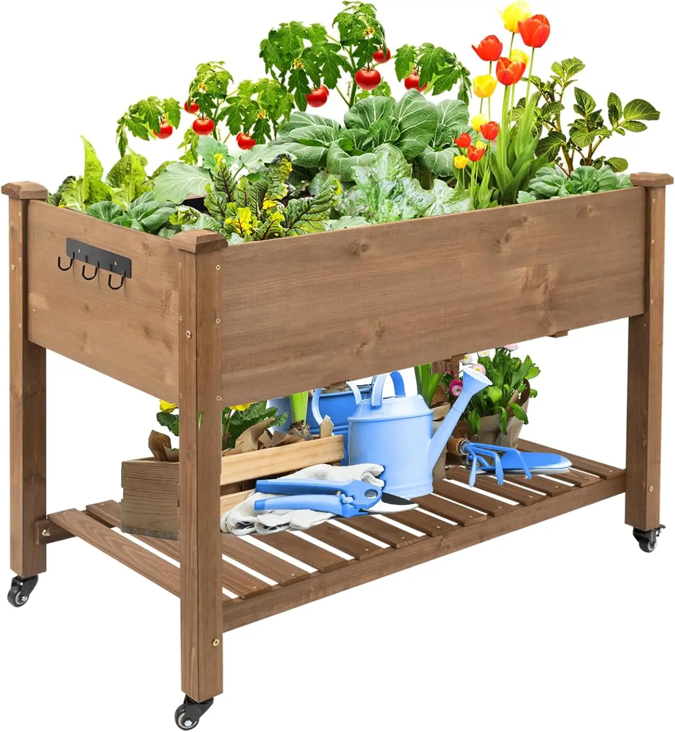 

Petscosset Raised Garden Bed Wood Elevated Planter Box Outdoor w/ Wheels, Storage Shelf for Planting