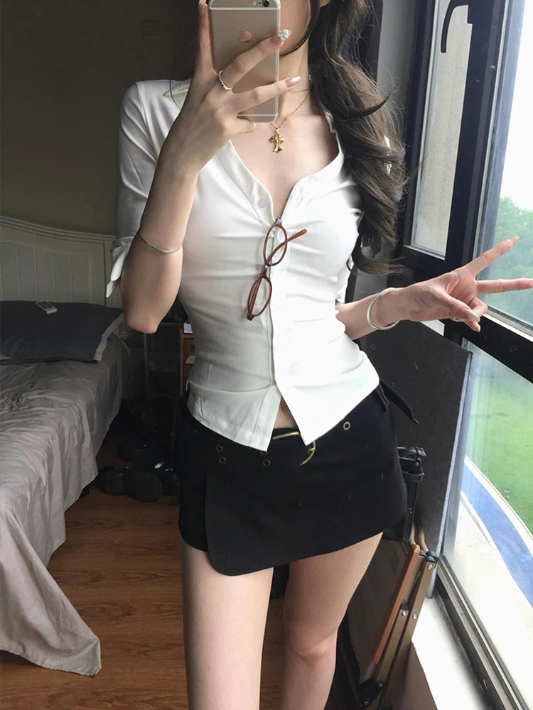 Sexy Witte irt V-Ne Taille-Gekalkt Slip-On ort Sve Vrijetijdskleding voor Dames Knoopdetail Pure Kleur Zomer irt