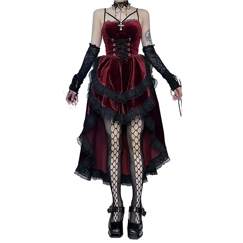 High Low Cut Swallow Tail Lace Strap Dress Tail Corset Bustier Women Dark Gothic Vampire Costume Halloween Outfit Evening Dress