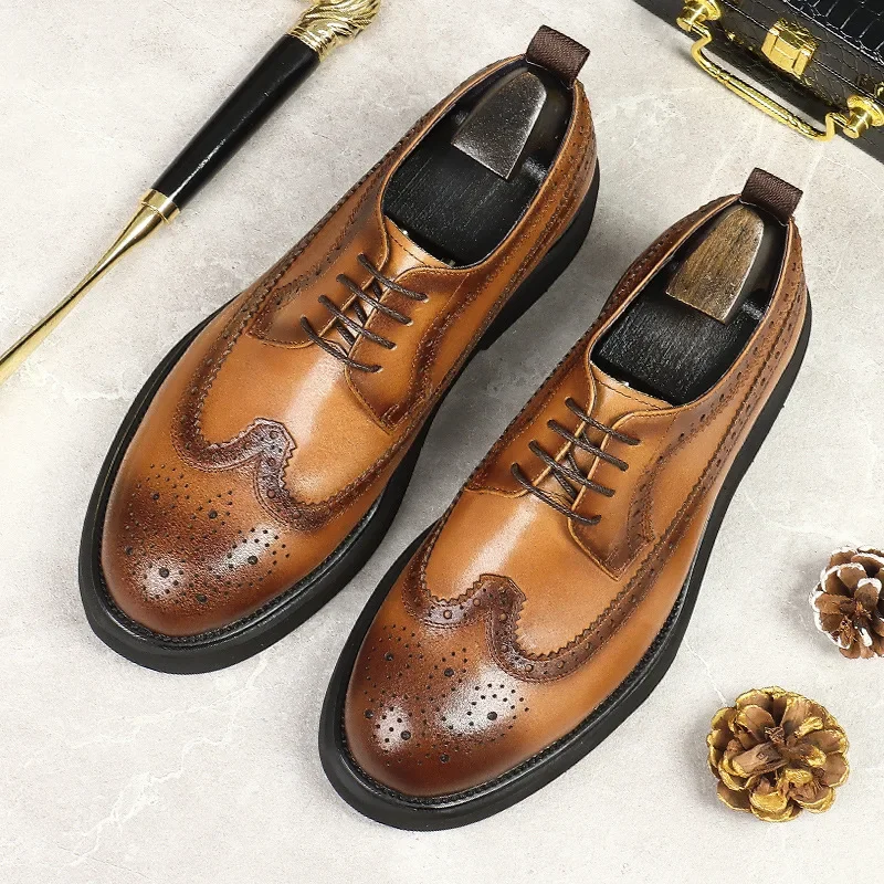 Lightweight Men's Versatile Casual Shoes Thick Soles Increased Wear-Resistant Lace-Up Derby Shoes Business Leather Shoes for Men