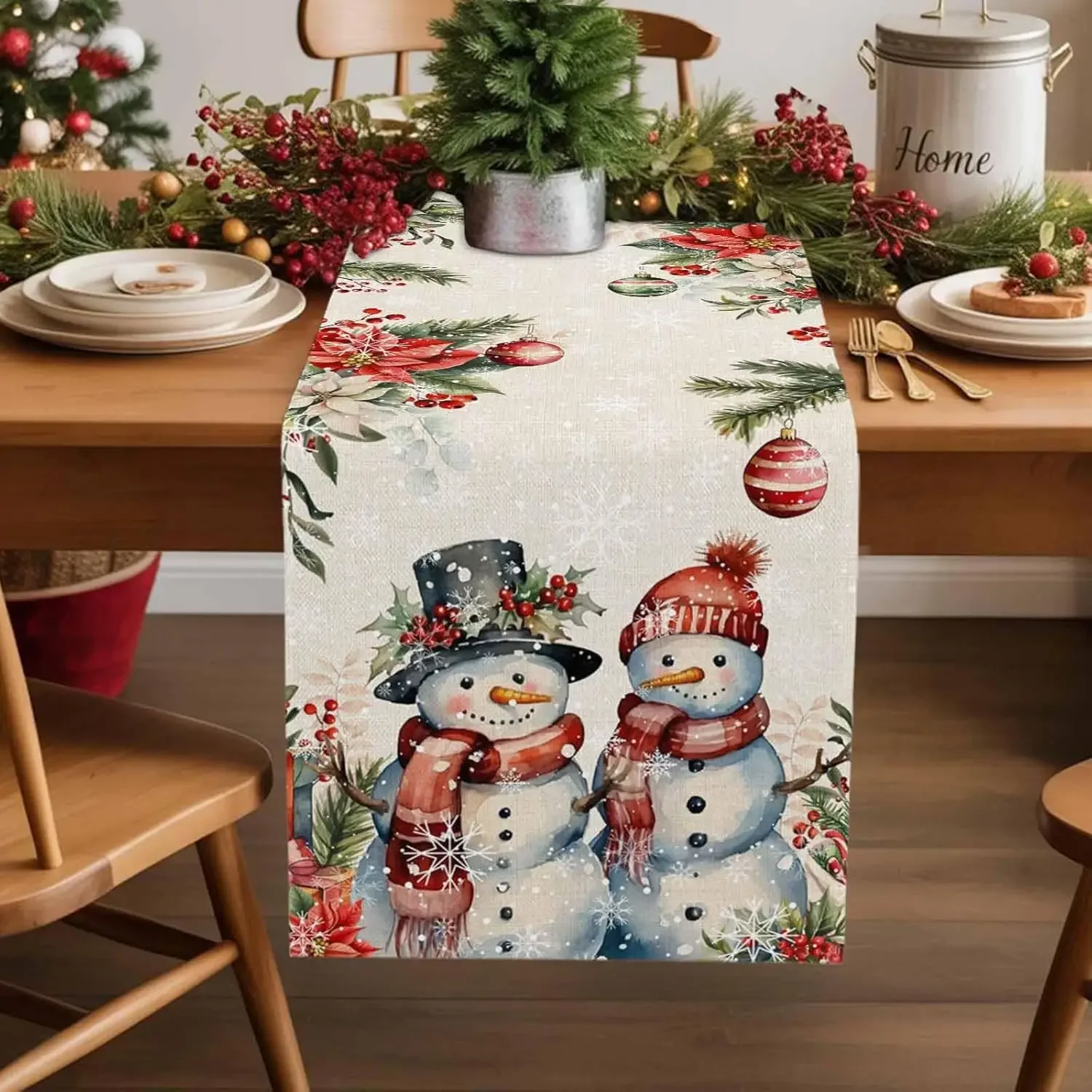 1Pc Christmas Snowman Table Runner White Red Green Berry Pine Cone Print Table Cover For Dining Kitchen Party Decoration Tableto