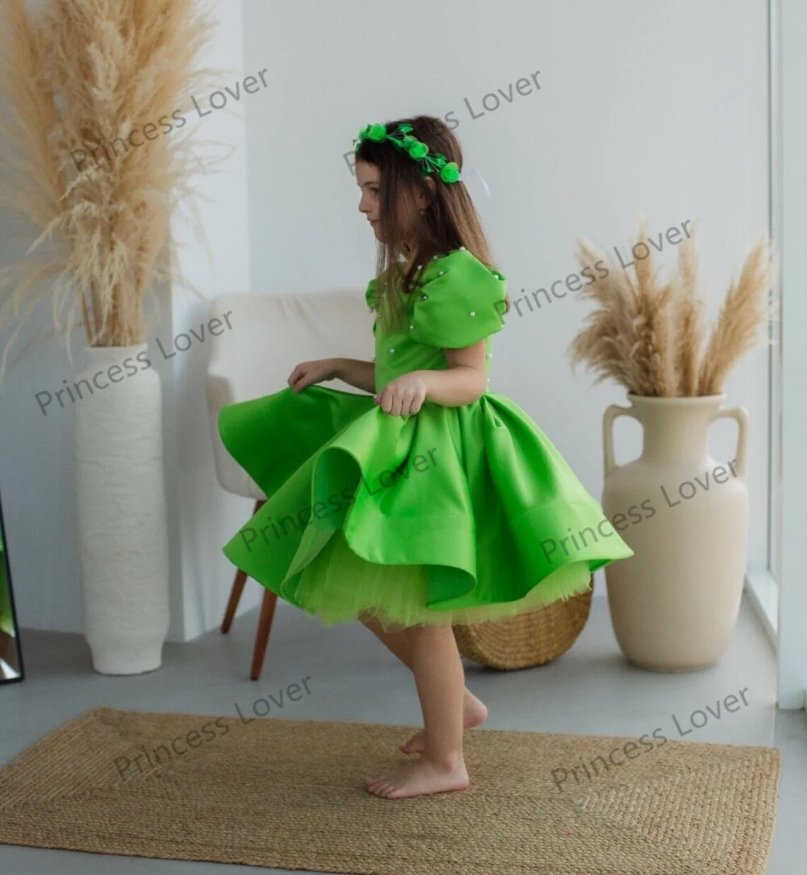 Green Lovely Flower Girl's Dresses with Beads Puff Sleeves Pageant Gown Princess Satin Birthday Party Dress