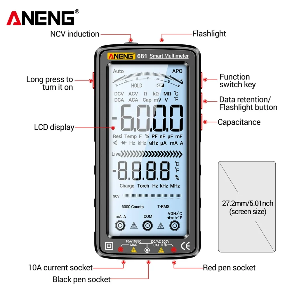 ANENG 681 Multimeter Rechargable Digital Professional Non-contact Voltage Tester AC/DC Voltage Meter Touch Screen Current Tester