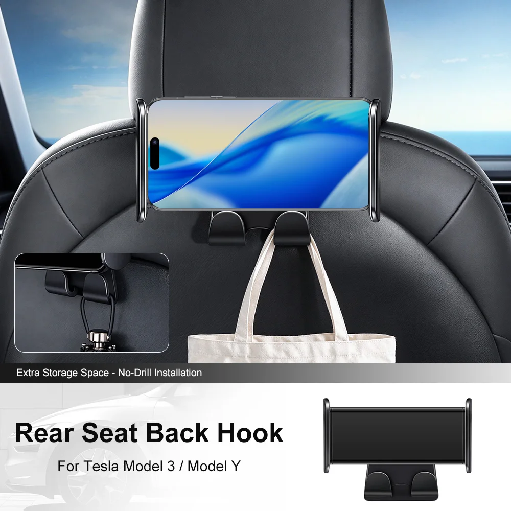 Car Rear Seat Hooks Phone Holder with 2 hooks 360° Rotate Stand for Tesla Model 3/Y Headrest Bracket Support For Tablet PC iPad