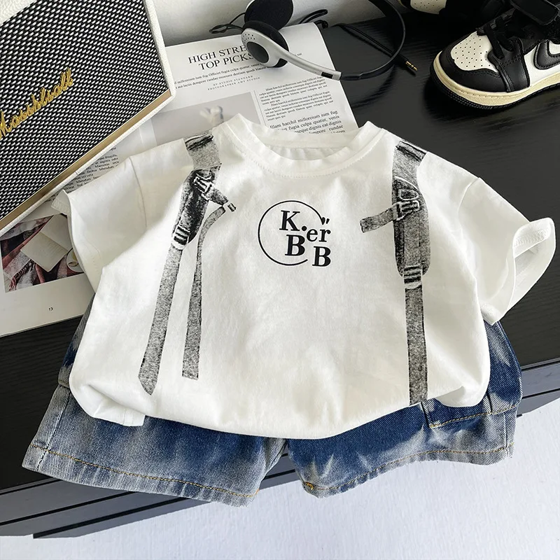 

Летняя детская одежда, модные комплекты детской одежды, одежда для мальчиков, дышащая футболка с поясом с принтом + шорты, костюм из 2 предметов