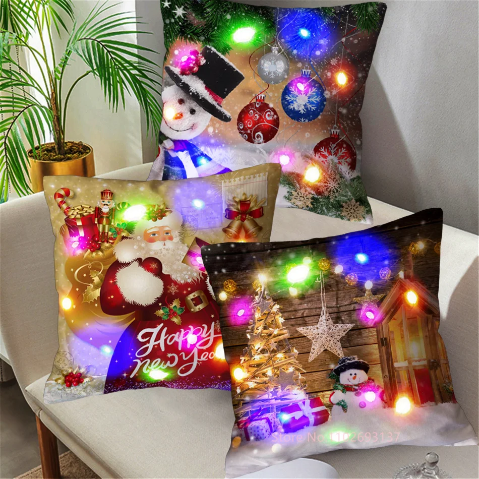 LED Christmas Cushion Cover Merry Snowman Light Pillow Cover Christmas Lighting Pillowcase Home Decoration New Year Decor