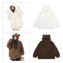 Women Harajuku Bear Ear Plush Coat Winter Warm Long Sleeve Loose Hoodie Fuzzy Fleece Jacket Faux Lamb Wool Outerwear Sweatshirt