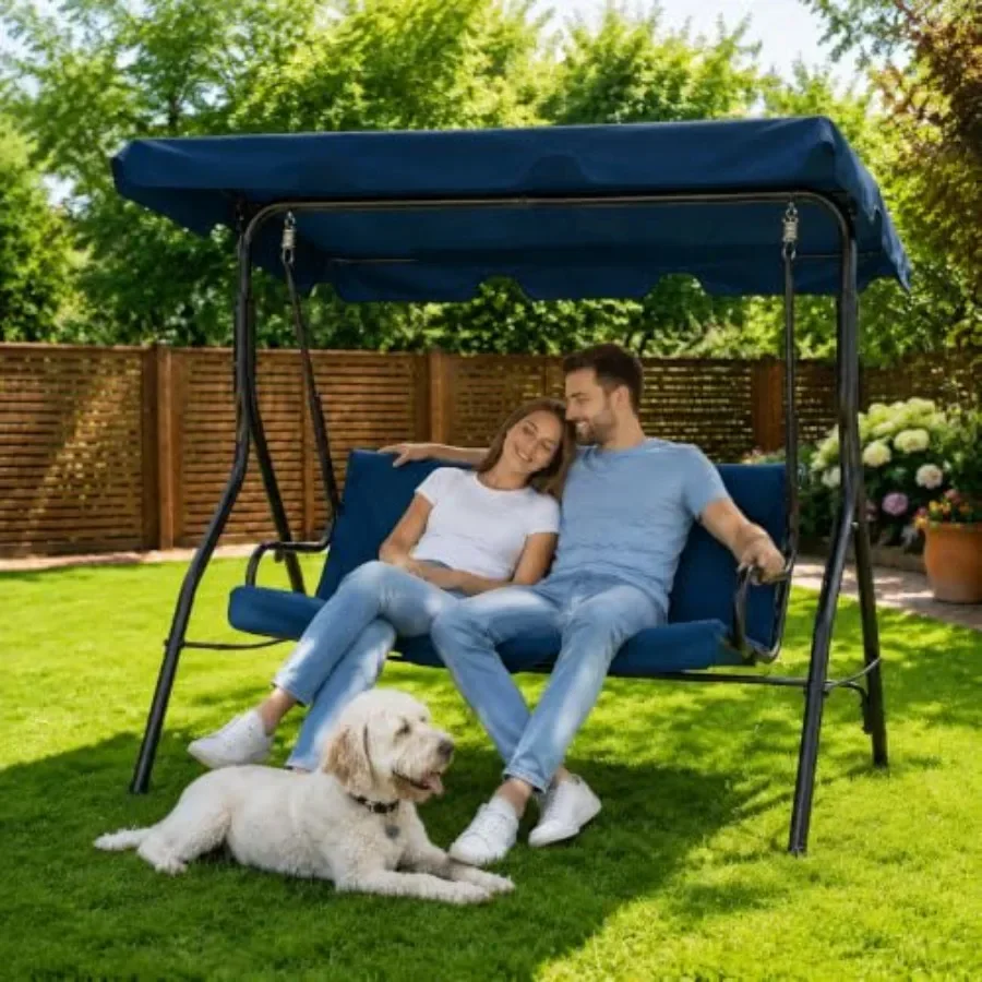 3 Seat Outdoor Porch Swing with Adjustable Canopy, Patio Swing Chair with Stand, Metal Frame, Thick Cushions, 500 lb Capacity,