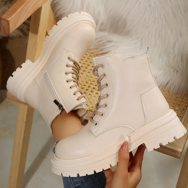 

2025 Women's Platform Strap Fashion Ankle Boots Women's PU Round Toe Side Zipper Solid Color Fleece Casual Women's Boots