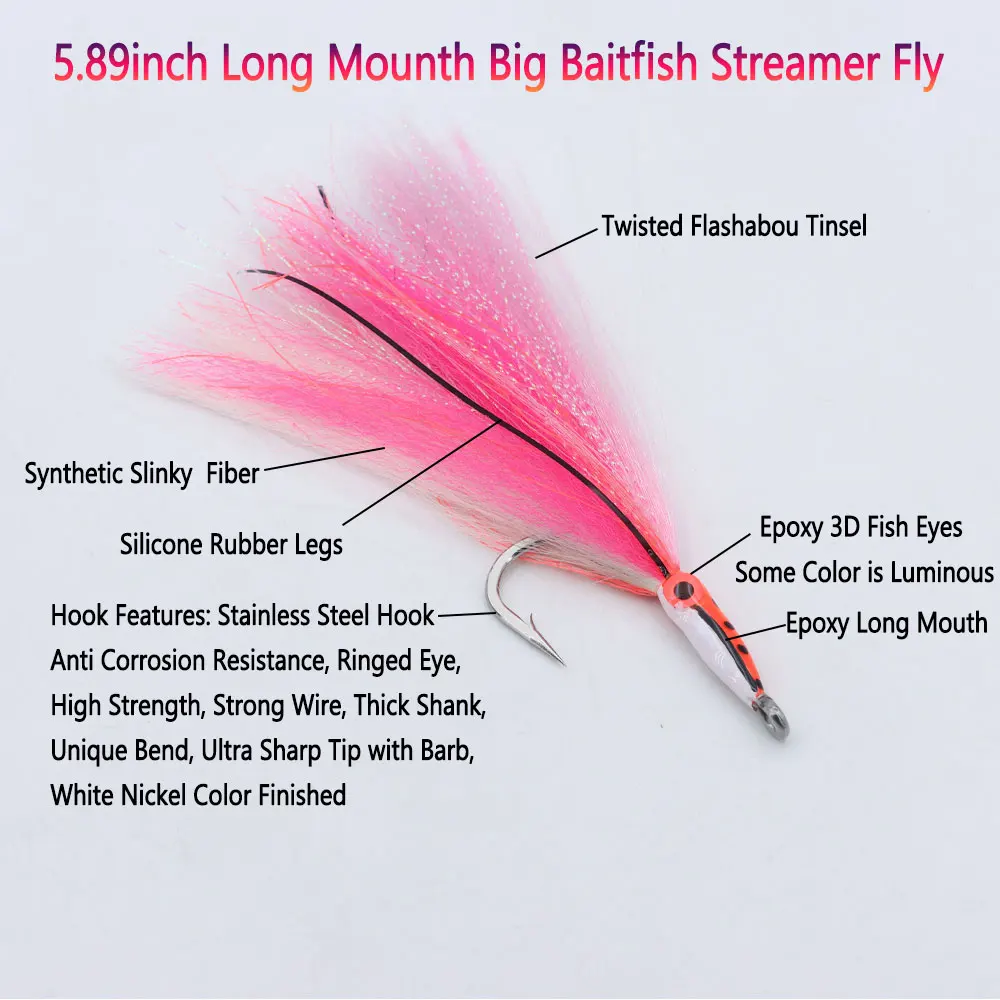 6/0 Leuchtender UV 5,89 Zoll Langer Mund Großer Köderfisch Streamer Fliege mit Epoxid 3D Fischaugen für Hecht, Meer, Tarpon, Salzwasser-Angelköder – Detail 2