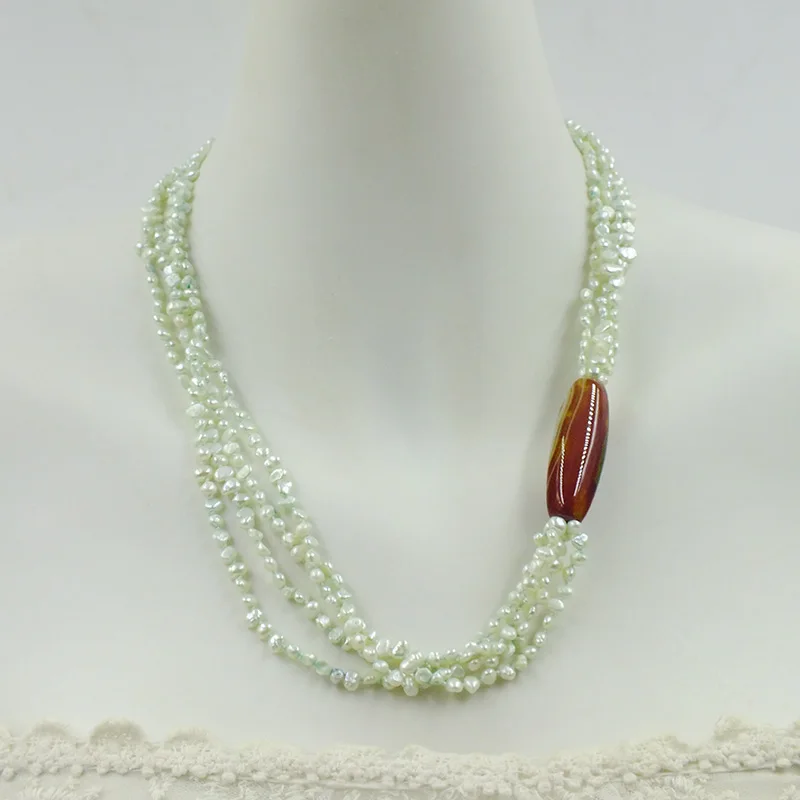 

4 strands, 3MM green natural baroque pearl necklace 19"