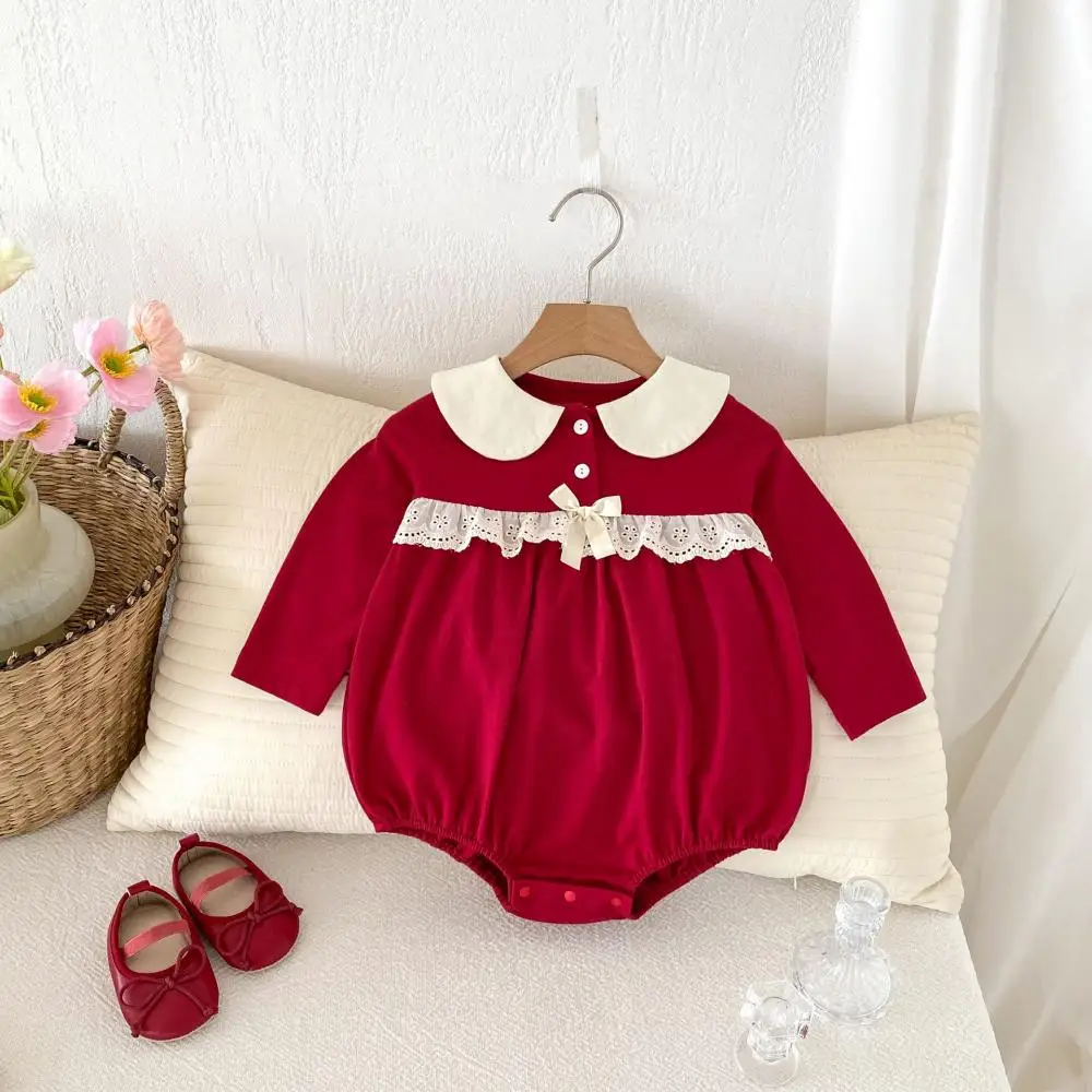 2024 Baby Girl Autumn Lace Splicing Romper Long Sleeved Sweet Cute Newborn Rompers Christmas Holiday Children Boutique Clothing