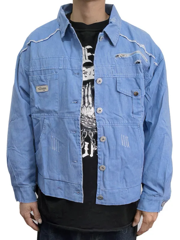 

Retro Woven Denim Jaet Heavy Du Waed Loose oulder Men's Autumn Initial Collar Y34 Casual Long Sve Button up Coat
