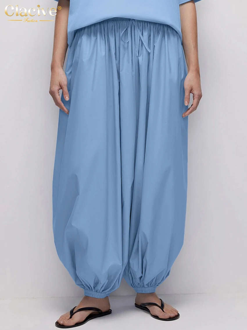

Clacive Fashion Loose Blue Women's Pants 2025 Casual High Waist Wide Trousers Elegant Classic Solid Pants Female Clothing